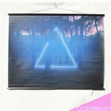 Blue Neon Triangle Installation Glowing in the Forest at Night - Poster 147 x 112