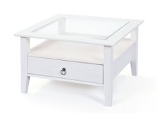 VOORRAAD | Moderne vierkante salontafel Provence | Mat wit | Bovenblad glas | Incl. lade | NIEUW