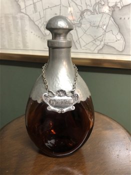 Antieke Tin bekleed Cognac flesje met label - 0