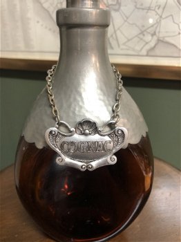 Antieke Tin bekleed Cognac flesje met label - 2