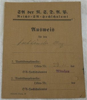 Ausweis / Persoonsbewijs / Pas, Reichs SA Hochschulamt, SA der NSDAP, München 1934. - 0