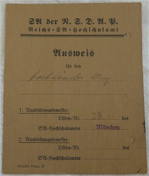 Ausweis / Persoonsbewijs / Pas, Reichs SA Hochschulamt, SA der NSDAP, München 1934. - 1