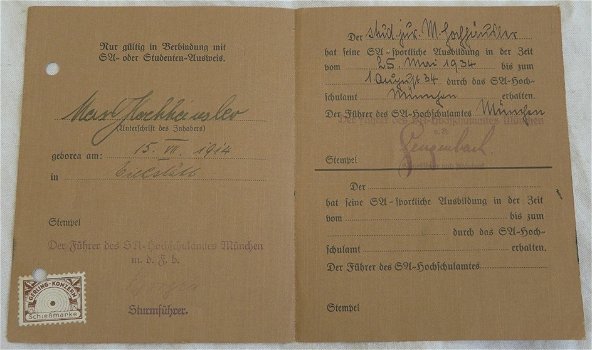 Ausweis / Persoonsbewijs / Pas, Reichs SA Hochschulamt, SA der NSDAP, München 1934. - 2