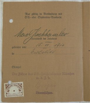 Ausweis / Persoonsbewijs / Pas, Reichs SA Hochschulamt, SA der NSDAP, München 1934. - 3