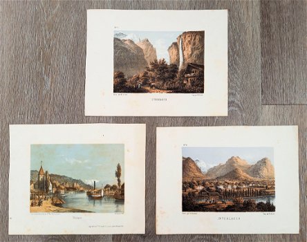 Lithografieën Thoune, Interlaken, Staubbach 19e eeuw - 0