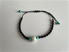 Zwart Macrame Armbandje met zoetwaterparel & Kralen Blauwgroen