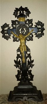 Antiek houten kruis, jezus is van brons - 2
