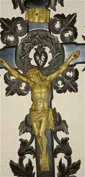 Antiek houten kruis, jezus is van brons - 3