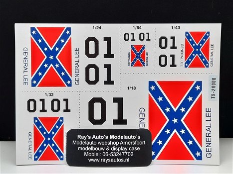 Stickers decals General Lee – Dukes of Hazzard – Dodge Charger 1:18, 1:24, 1:43 en 1:64 - 0
