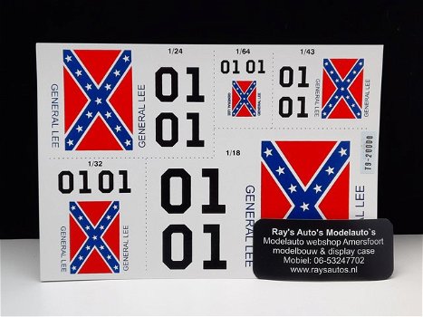 Stickers decals General Lee – Dukes of Hazzard – Dodge Charger 1:18, 1:24, 1:43 en 1:64 - 1