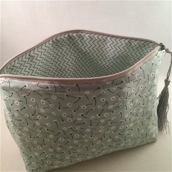 projectbag / etui /toilettas mint/wit/zwart bloemen dessin - 5