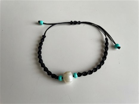 Armbandje met zoetwaterparel - Macrame geknoopt Zwart met kralen Blauwgroen / Turquoise - 0