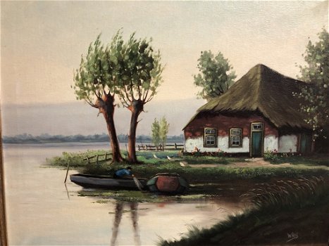 Schilderij Hollands Landschap Boerderij a/h water gesigneerd - 1