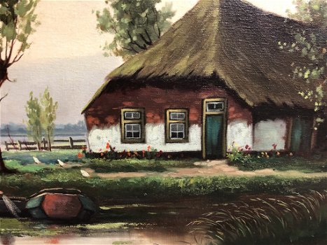 Schilderij Hollands Landschap Boerderij a/h water gesigneerd - 3