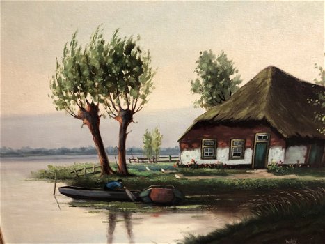 Schilderij Hollands Landschap Boerderij a/h water gesigneerd - 4