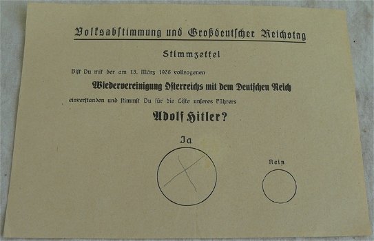 Stembiljet / Stimmzettel, Volksabstimmung und Großdeutscher Reichstag, Anschluß Österreich, 1938.(9) - 0