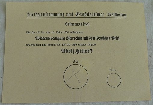 Stembiljet / Stimmzettel, Volksabstimmung und Großdeutscher Reichstag, Anschluß Österreich, 1938.(9) - 1