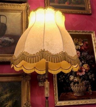 Brocante antieke staande lamp / vloerlamp koper, onyx steen lampvoet, crème stoffen barok lampenkap - 2