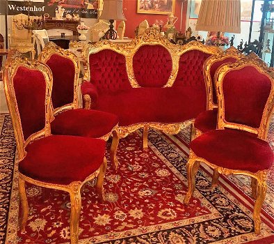 Set / 5 delig barok bankstel met 4 stoelen antiek rood met goud - 0