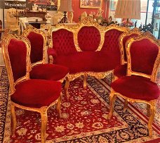 Set / 5 delig barok bankstel met 4 stoelen antiek rood met goud