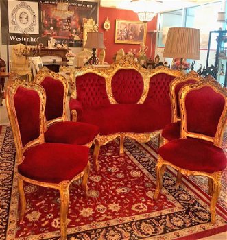 Set / 5 delig barok bankstel met 4 stoelen antiek rood met goud - 1