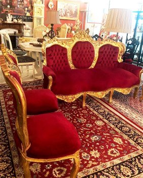 Set / 5 delig barok bankstel met 4 stoelen antiek rood met goud - 7