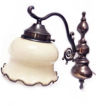 Antiek / oud Hollandse wandlamp glas met koper - brons - 0
