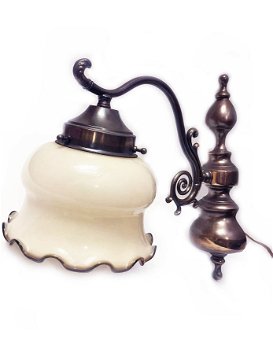 Antiek / oud Hollandse wandlamp glas met koper - brons - 1