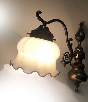 Antiek / oud Hollandse wandlamp glas met koper - brons - 3