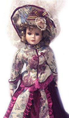 Antieke pop porselein met barok rococo jurk handgemaakt, 55 cm hoog