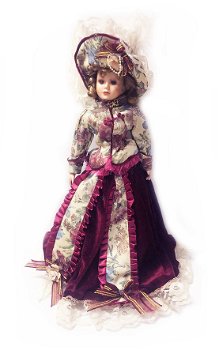 Antieke pop porselein met barok rococo jurk handgemaakt, 55 cm hoog - 1