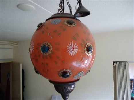 Vintage Hanglamp plafondlamp Bollamp 47 cm koperen ketting glas jaren 70 - 4