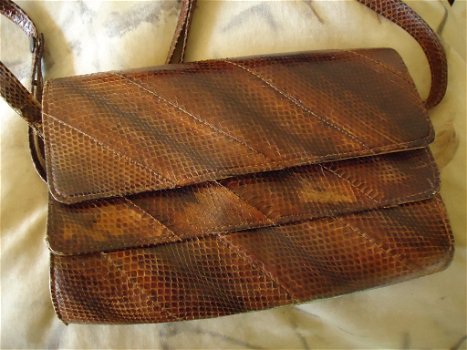 Jaren 70 Vintage Slangenleren tas schoudertas Hato Hasi damestas met 3 opbergvakken - 3