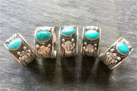 Tibetaans zilveren ring met Lotus en Turkoois - 0