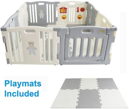 kunststof grondbox/playpen met speelmat - Grijs/wit - playpen - 0