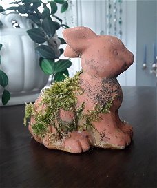 Verweerde terracotta konijntje / haasje met mos erop / pasen