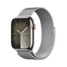Apple Watch Series 9 GPS + Cellular 45 mm zilveren roestvrijstalen kast met zilveren Milanese band