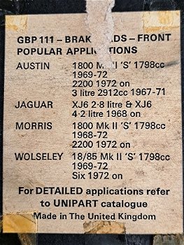 Unipart GBP 111 Remblokken Austin Jaguar Morris Wolseley - 1