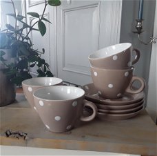 4 paar kop en schotels polkadots / taupe / stippen / Union Pacific Tableware