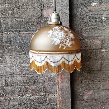Vintage glazen hanglamp met kralenfranje - 0