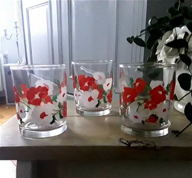 3 vintage glazen met klaproos / klaprozen / papavers - 1