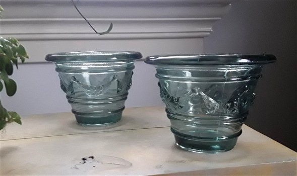 2 potjes/potten van groen / zeegroen glas - 0