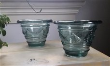 2 potjes/potten van groen / zeegroen glas