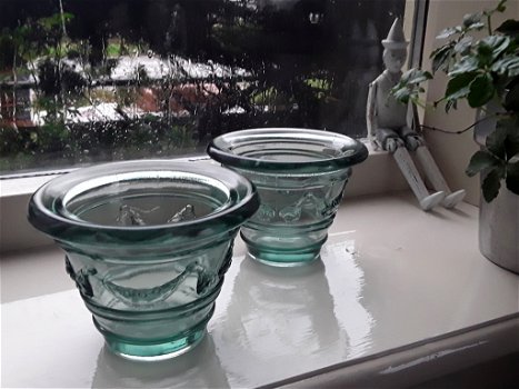 2 potjes/potten van groen / zeegroen glas - 1