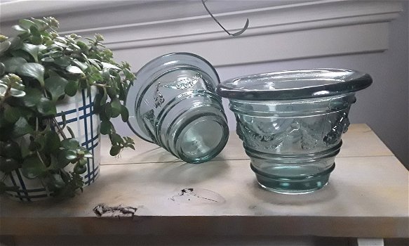 2 potjes/potten van groen / zeegroen glas - 4