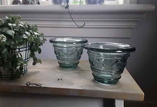 2 potjes/potten van groen / zeegroen glas - 6