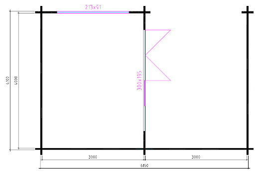 Tuinhuis-Blokhut-Wolfskap: w4x3+3: 410 x 615 x 325 (h) - 2