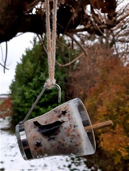 Vogelvoederkoppen / vogelvoederglazen gedecoreerd met zwart vogeltje en sterretjes - 0