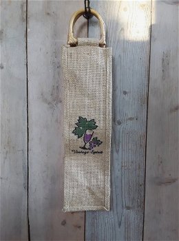 Leuke vintage wijntas van jute met bamboe hengsels - 0