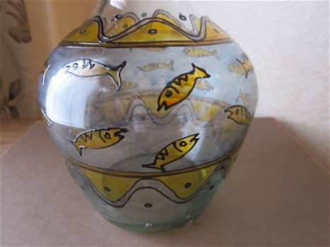 Antieke glas amphora vaas mondgeblazen en geemailleerd - 1